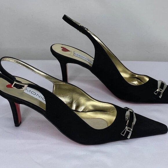 Monique Shoes - Monique Women’s Suede Slingback Pointed Toe High-Heel Pumps – Black – Size 10M